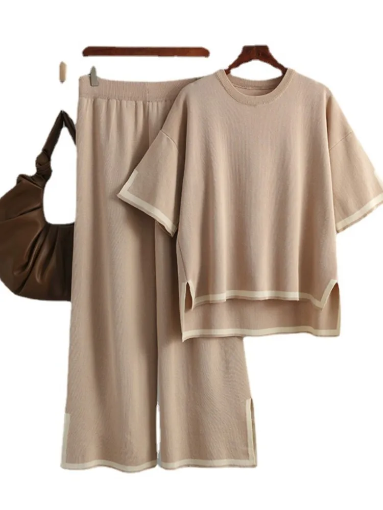 New Fashion Set Elegant Slit Short-sleeved Sweater + High-waisted Wide-leg Trousers Two-piece Set New Office Solid Casual Suit