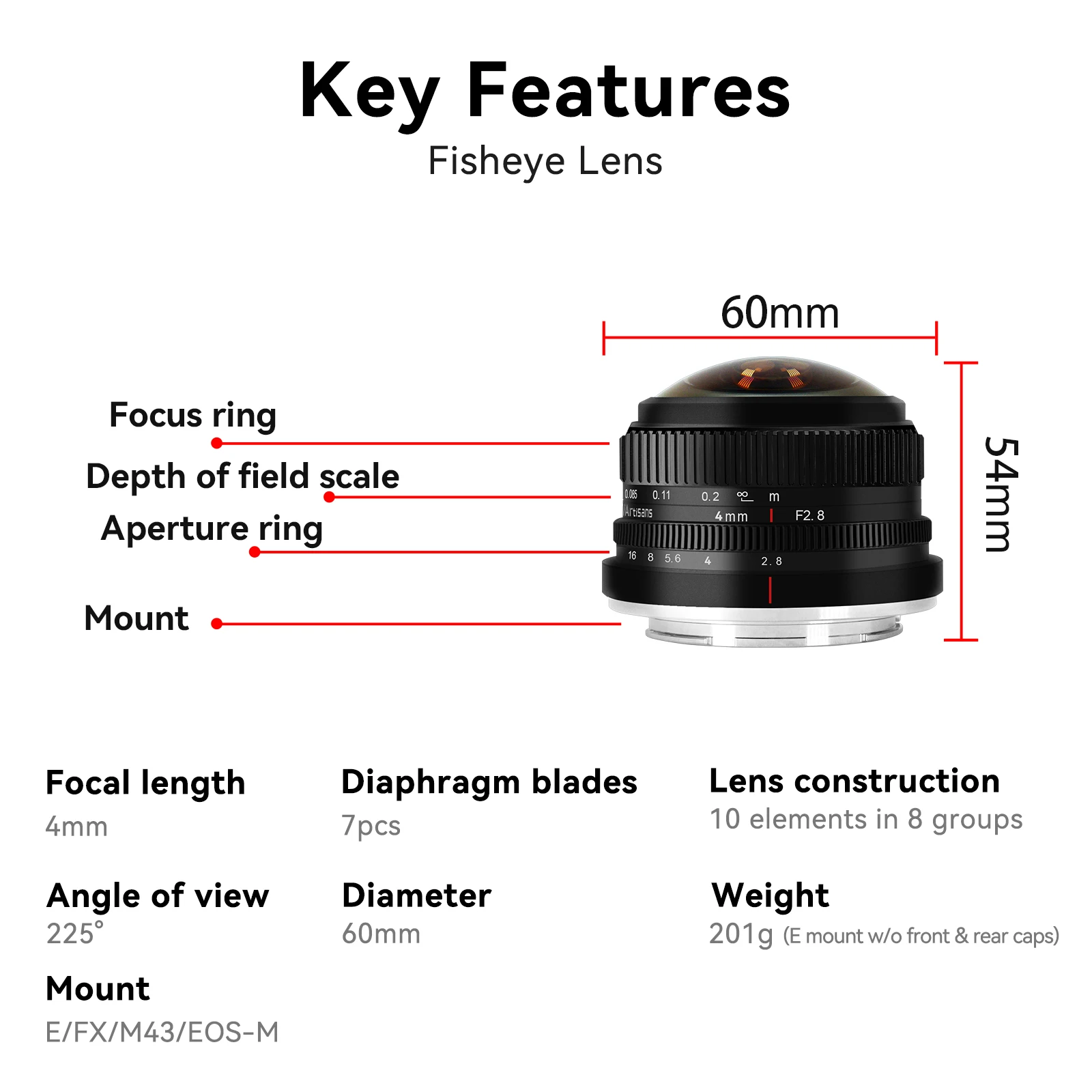 7ช่างฝีมือ Fisheyes แบบวงกลม 4 มม. F2.8 APS-C มุมกว้าง 225 °   MF Prime เลนส์สําหรับ Sony E Fuji FX Micro M4/3 Canon EOS-M Mount กล้อง