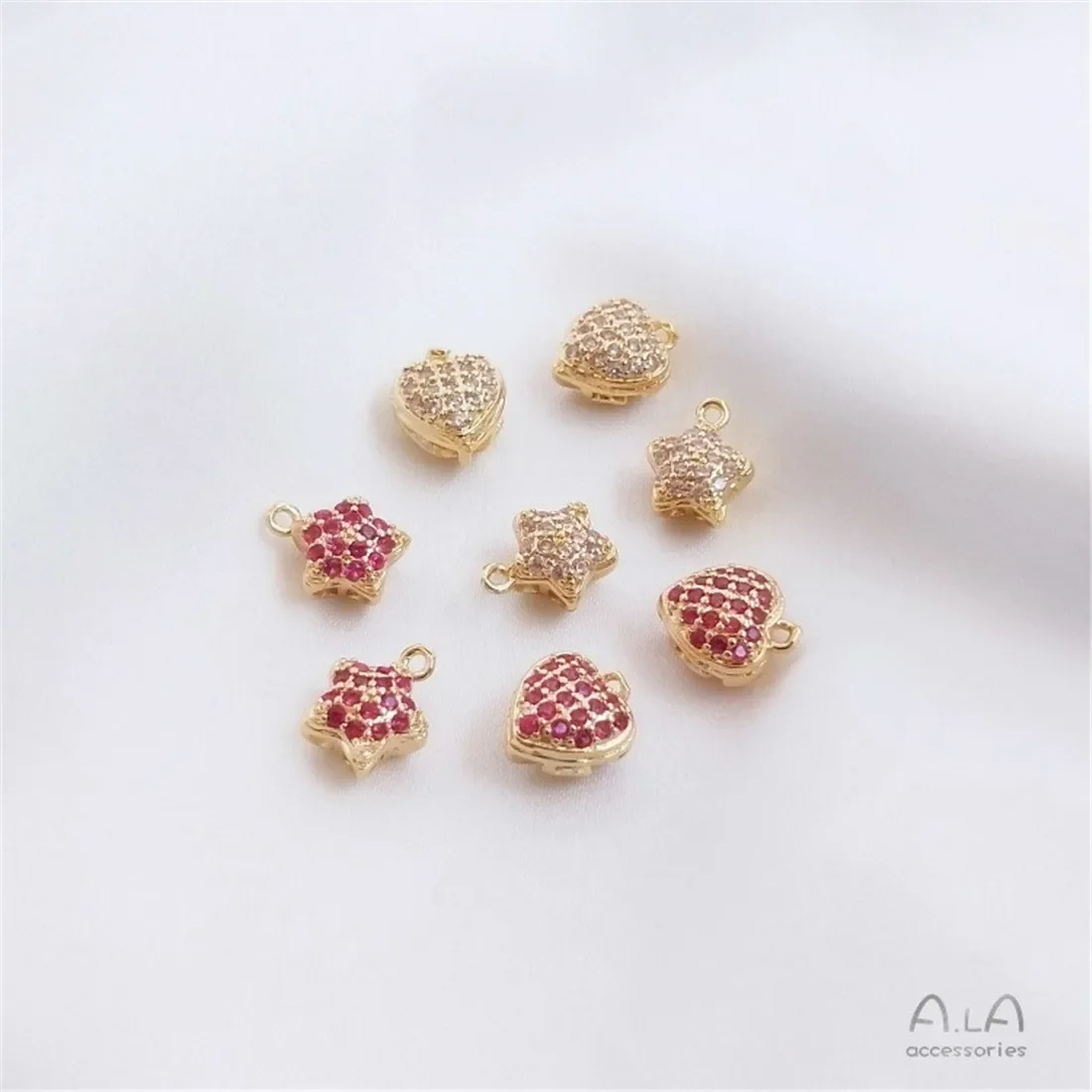 14K 골드 컬러 인레이드 지르콘 입체적인 속이 빈 오각형 하트 모양 마이크로 인레이드 펜던트 DIY 쥬얼리 펜던트