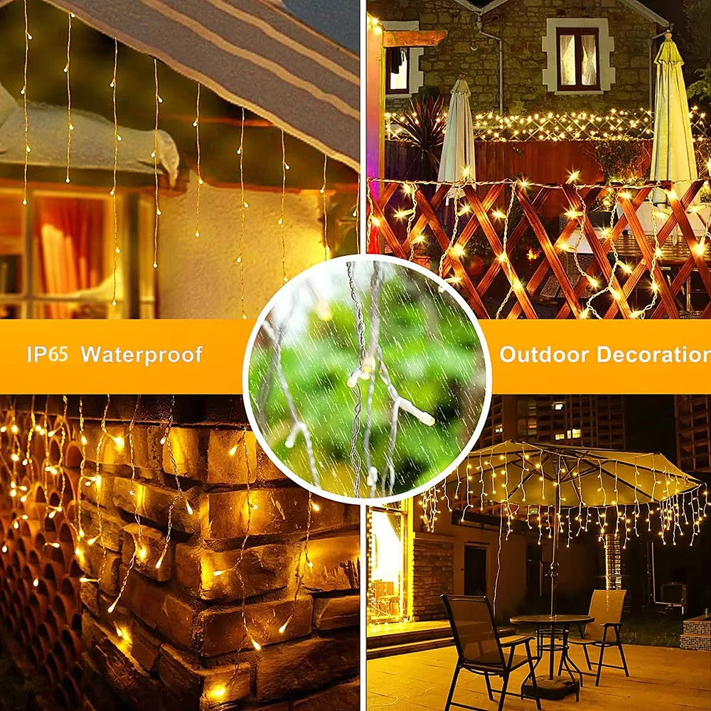 LED Solar lcicle String Lights Outdoor Curtain Fairy Lights 8 Modes Christmas Landscape Lights Party Garden Decoration Light