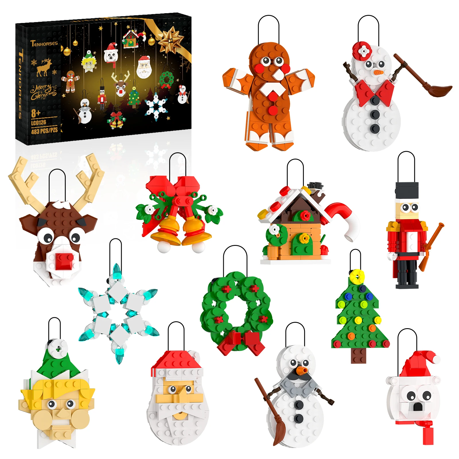 Christmas Ornaments Building Blocks Set 483 Pcs DIY Christmas Tree Hanging Decorations Gingerbread Man Snowman Santa Claus Bricks Toys for Kids Xmas Gifts Stocking Stuffers