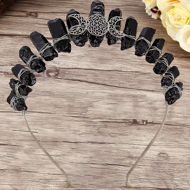 Hollow Moon Hair Accessories Inlaid Natural Quartz Raw Crystal Headdress Queen Witch Dress Up Crown Tiara Fashion Jewelry Gifts