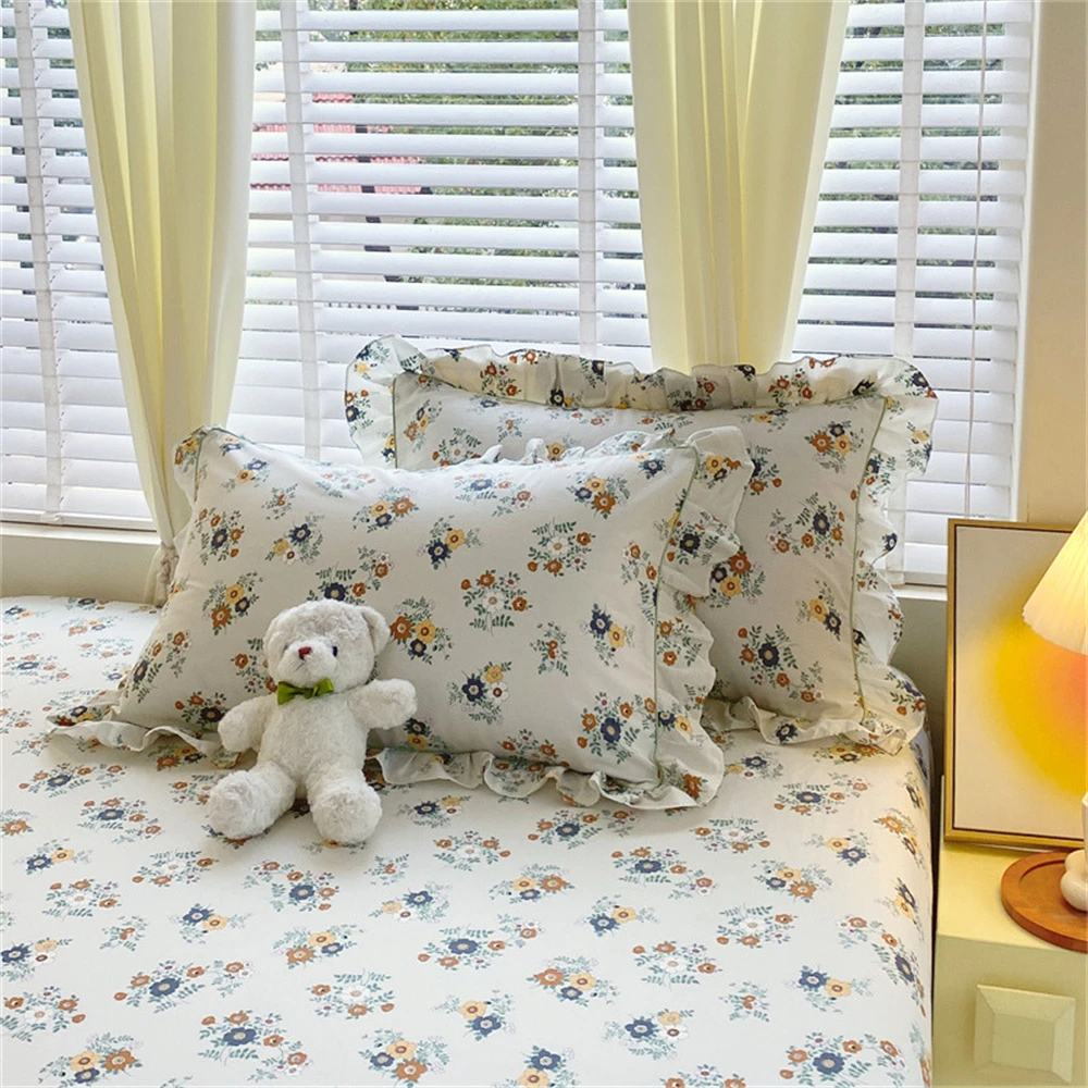 100% Cotton Pillowcase Flower Printed A Pair of Pillowcases Korean Pillow Cover with Ruffles Soft Comforter 48*74cm Pillowcase ﻿