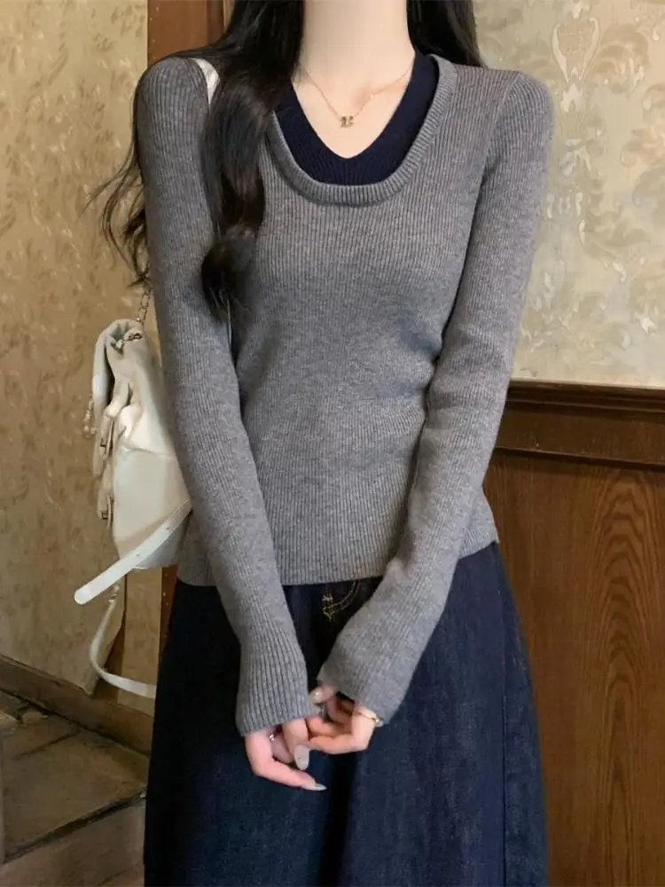 

Autumn Winter New Patchwork Short Knitted Pullover Sweater Korean Women's V Neck Office Lady Long Sleeved Tops Streetwear trendy