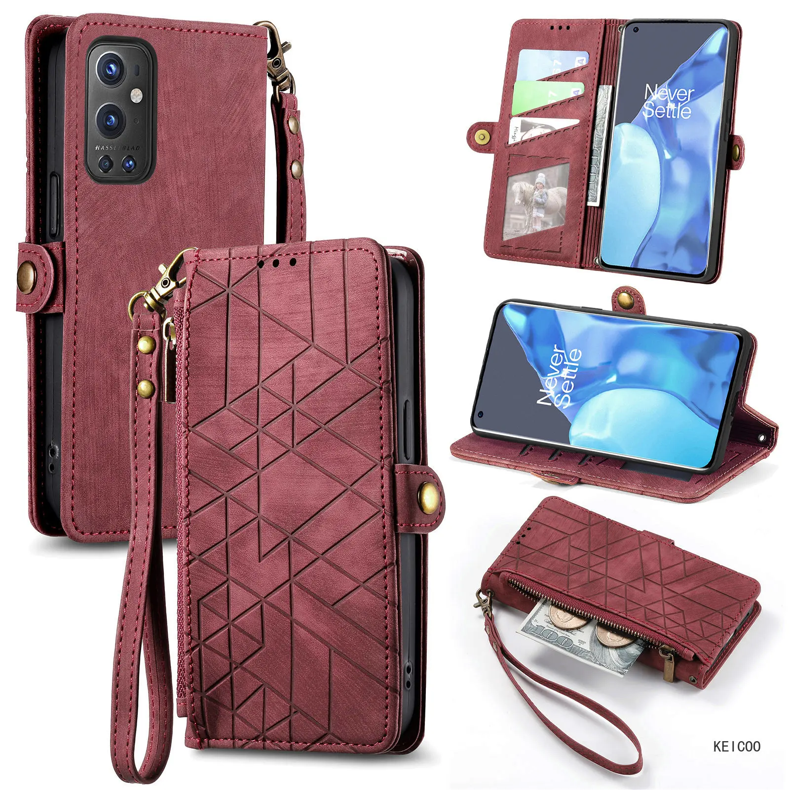 Anti-Scratch Shell for OnePlus 9 10T Pro 9Pro LE2121 LE2113 CPH2415 Geometric Pattern Zipper Wallet Case Non-slip Housing