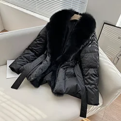 Chaqueta de plumón con cuello de zorro supergrande para mujer, longitud de cintura negra, 90, ganso blanco, invierno, nuevo, 2024