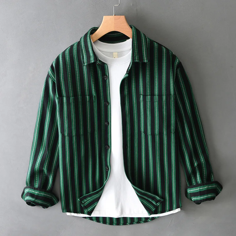 

Men's Casual Striped Long Sve irt Autumn New Sle Loose Fit ket Design hine Waable Japanese Sle Vintage Pattern