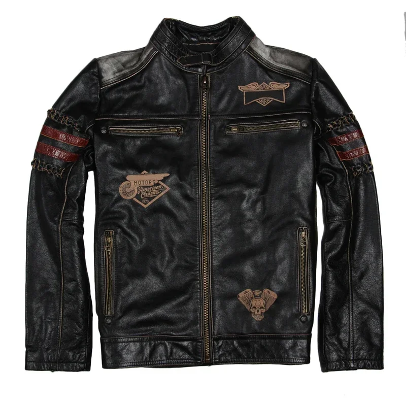 Motorcycle Jacket Men's Genuine Leather Jacket Cowhide Calf Skin Black Slim Men's Leather Jacket Male Biker Coat Autumn M094