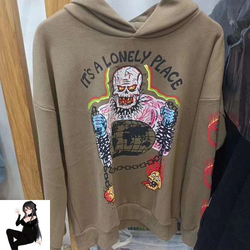 

Oversize Brown Kanye West Hooded Hoodie Men Women Streetwear Sweatshirts Hip Hop Skulls Graffiti Print Stranger Things Pullover