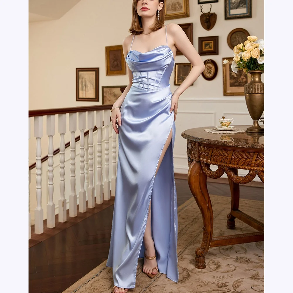 

Элегантные атласные вечерние платья Русалка с разрезом по бокам на тонких бретельках длиной до пола, современная мода, халаты для выпускного вечера на красной ковровой дорожке