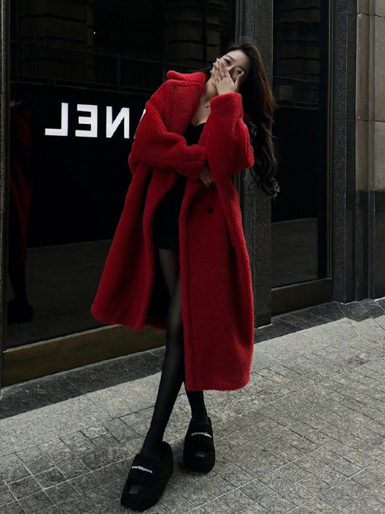 Ele Red Fur Jaet Donna Inverno Capodanno Speciale Plu Top Pendolarismo Sle Doppio Bottone Lungo Sve Cappotto Slim Fit