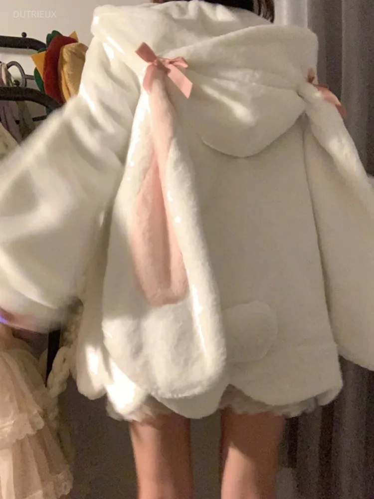 Japanese Jackets For Women Winter Clothing Streetwear Lamb Wool Cute Rabbit Ears Hooded Y2k Tops Thicked Furry Fashion Coats