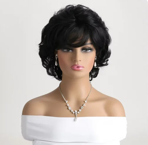 Wig sintetis hitam Natural 10 inci untuk wanita, Wig pendek keriting pesta sehari-hari tahan panas