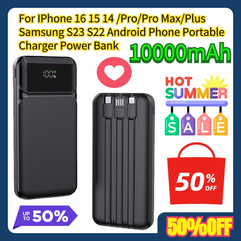 

For IPhone 16 15 14 /Pro/Pro Max/Plus Samsung S23 S22 Android Phone Portable Charger 10000mAh Power Bank