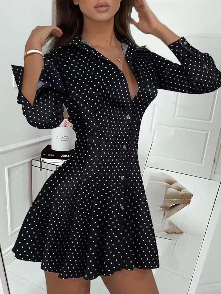 2024 Dot Print Pleated Dress Women Long Sleeve Turn Down Collar Elegant Mini Dress Ladies Casual Short Dress