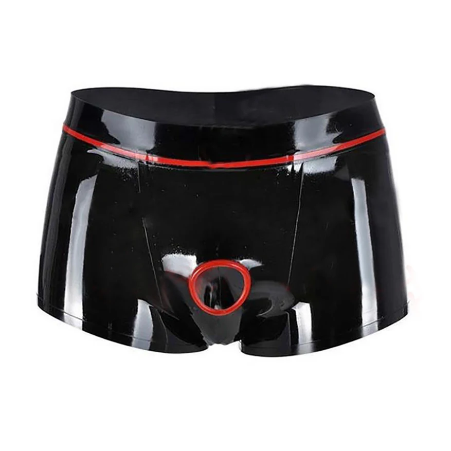 Sexy Latex Rubber Men Boxer Shorts With Penis Hole Male Tight Lingerie Underwear Handmade S-LPM096