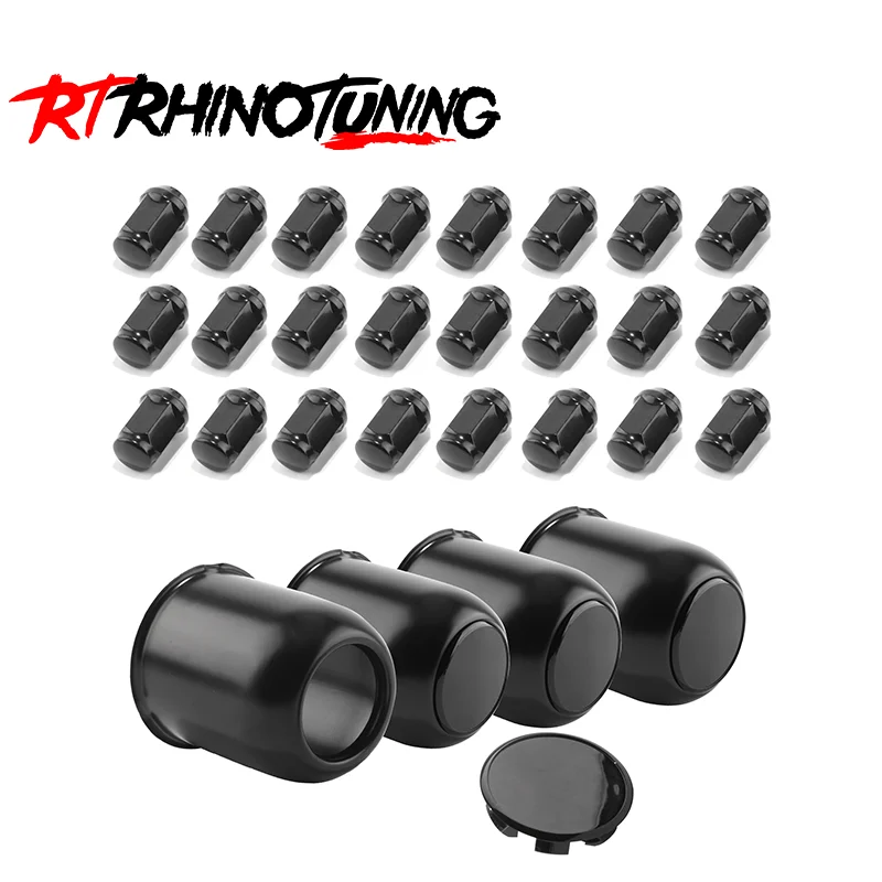 RhinoTuning 12/24Pcs 1/2-20 Lug Nuts + 2/4Pcs Push Through Wheel Center Caps Trailer Center Caps for Rims Truck Auto Carbon