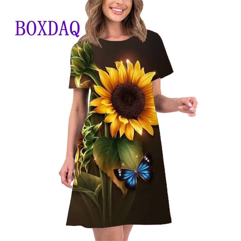 New Gradient Plant Flower Power Daisy 3D Print Dresses Summer 2024 Women Casual Short Sleeve A-Line Dress Fashion Clothing Femme