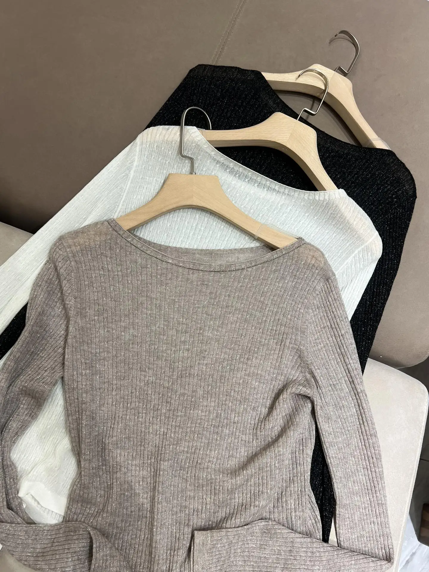 Autumn 2024 B*C Women's Ultra-thin Wool Bottoming Shirt Long-Sleeved Knitted Sweater Sparkling Pullover