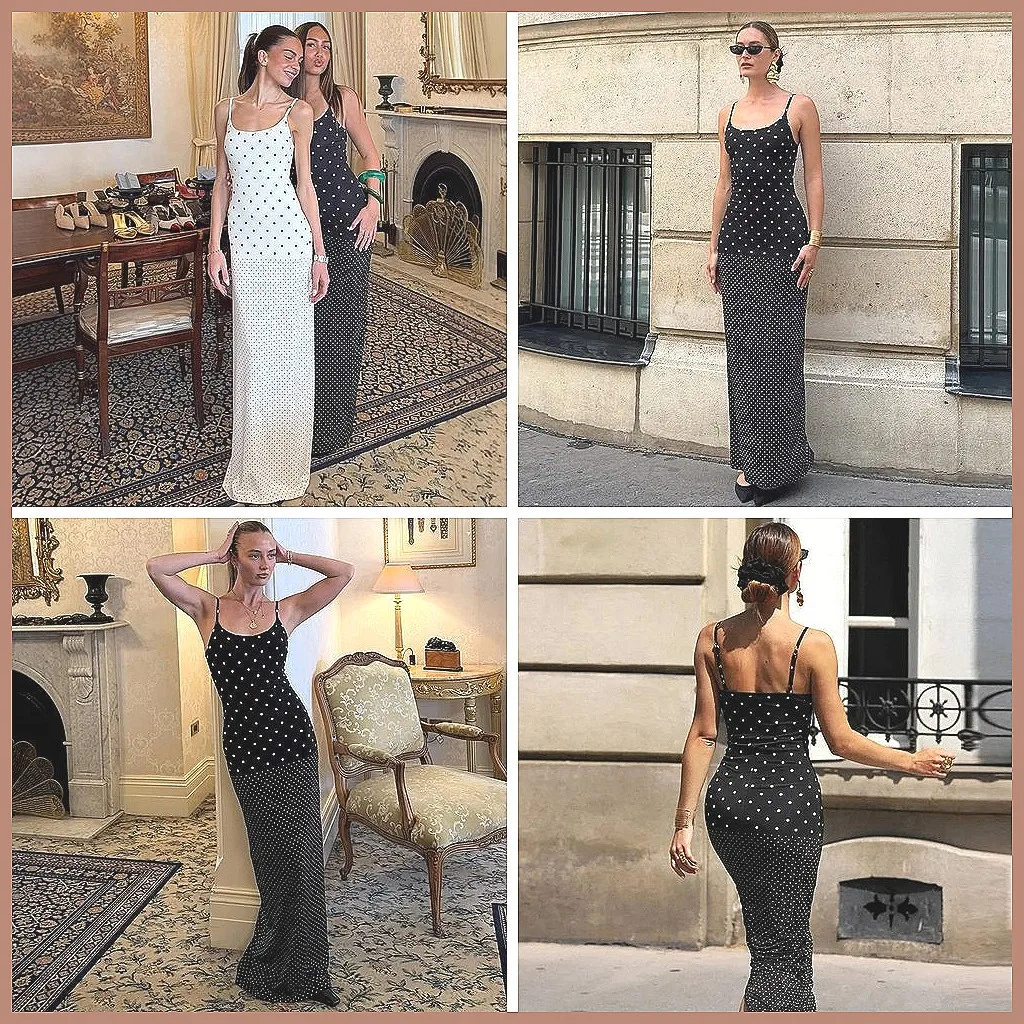 

Retro Polka Dot Maxi Dress for Women, Sleeveless Slit Summer Dress, Elegant Bodycon Party & Vacation Robe