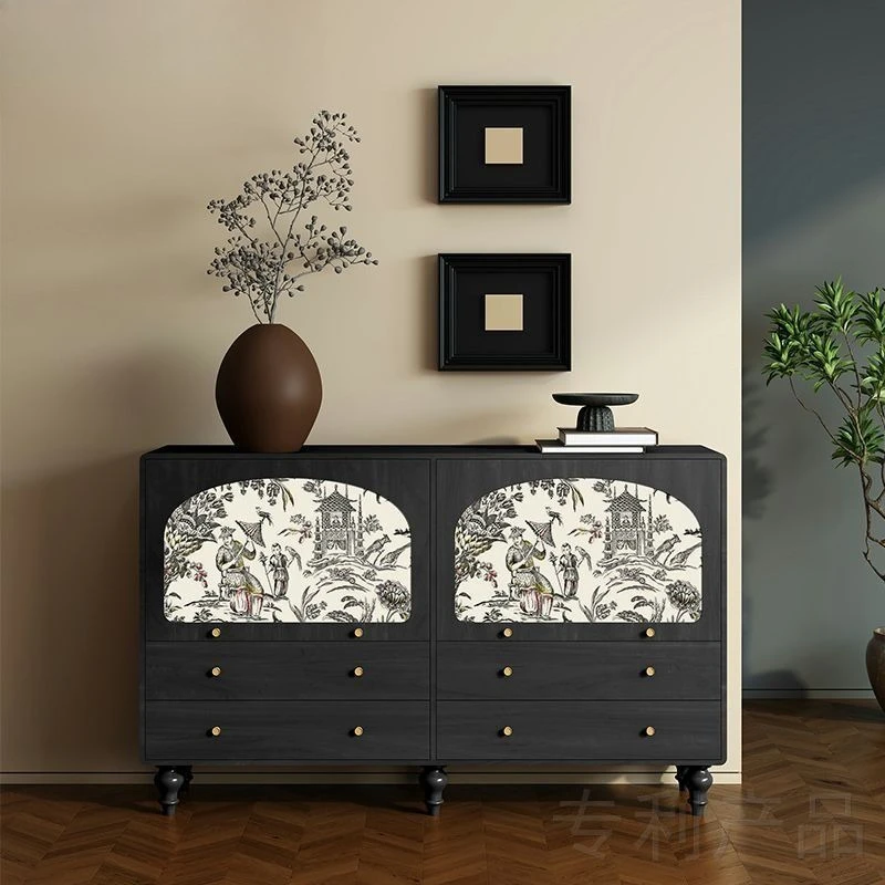 Black and white ink solid wood combination chest, household dining side cabinet, drawer chest