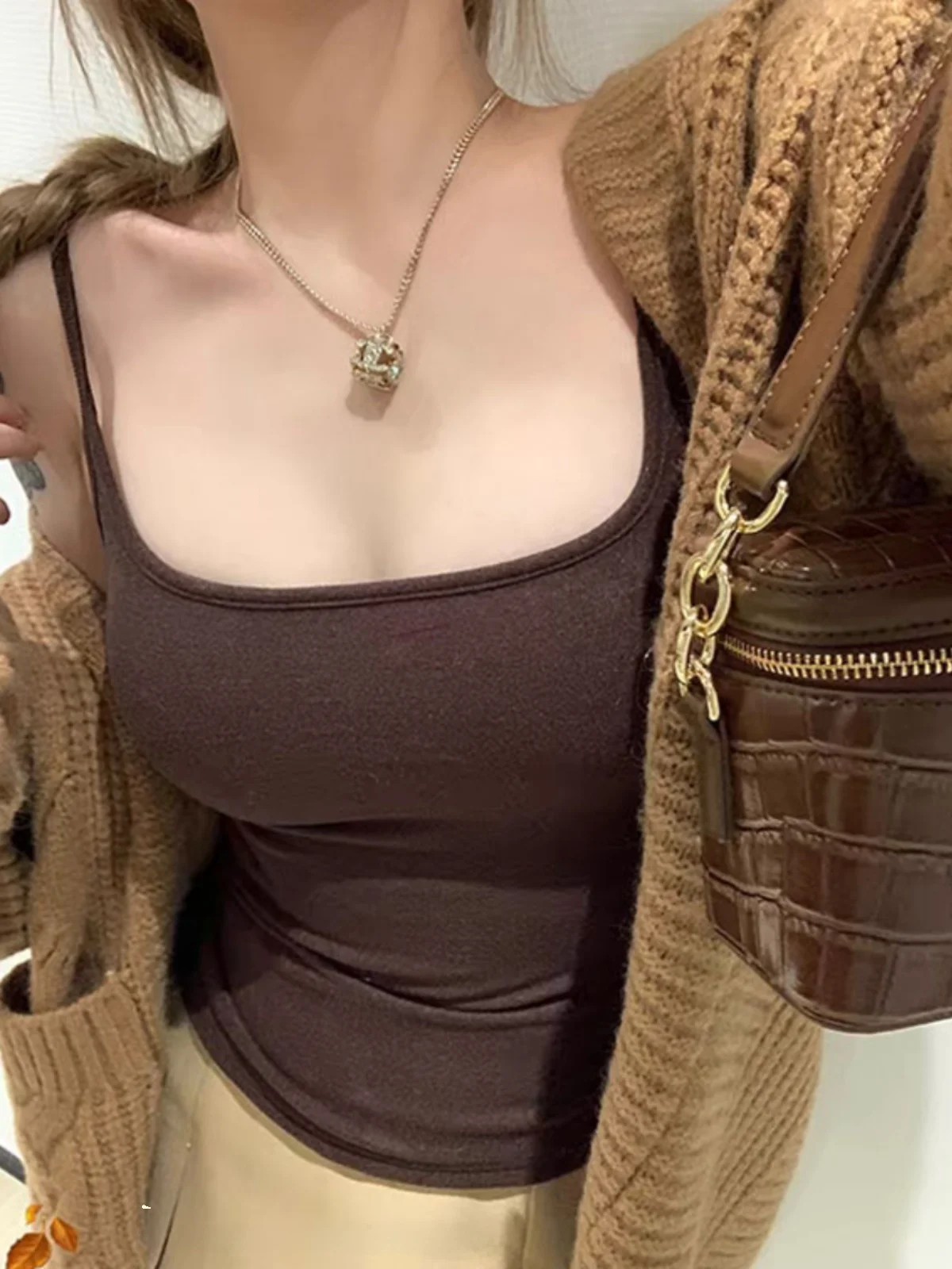 Caramel Color Small Strap Vest Women's Outerwear Summer Inner Match with Chest Pad Beautiful Back Bra Integrated Yoga Top
