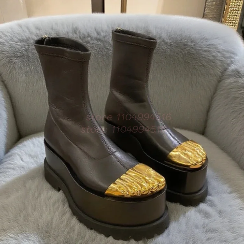 

Women Gold Five Fingers Platform Stretch Boots Patchwork Leather Back Zipper Mid Calf Boots Lady Sexy Fashion Party Prom Shoes
