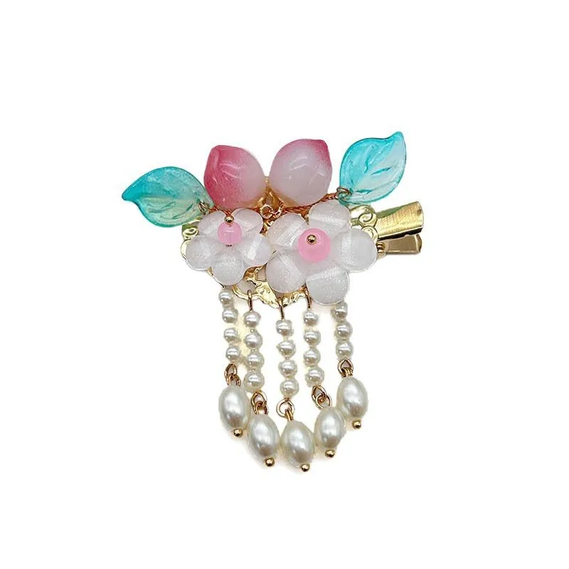 دبابيس شعر هانفو، دبابيس شعر على شكل زهرة الخوخ اللطيفة، إكسسوارات شعر بشرابة لؤلؤية على الطراز القديم للسيدات، مشابك جانبية، مشابك منقار البط #5