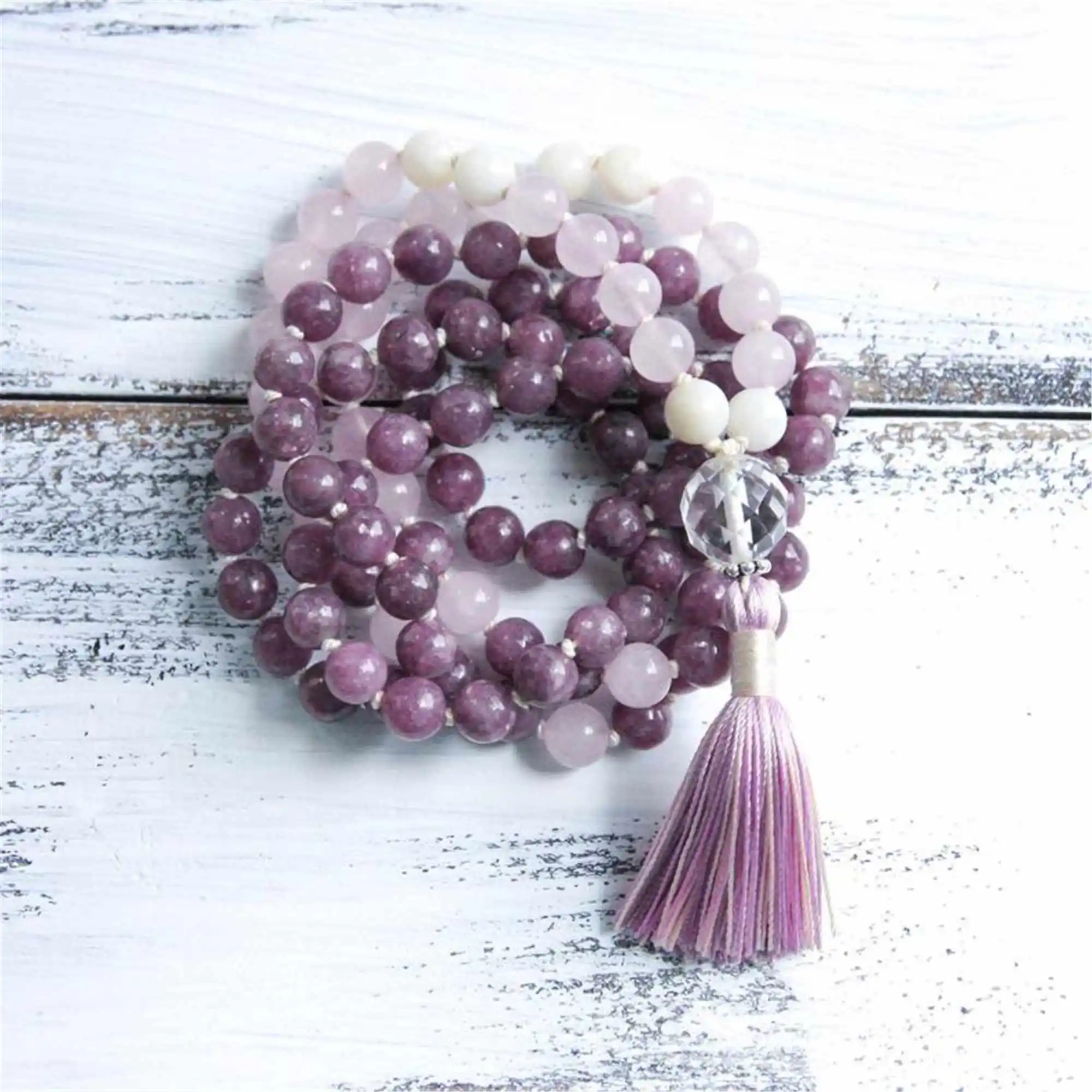 8mm Natural rose quartz Violet Tassels 108 Beads bracelet Spiritual Gemstone Peace Choker Meditation Tranquility Gift Yoga  Men