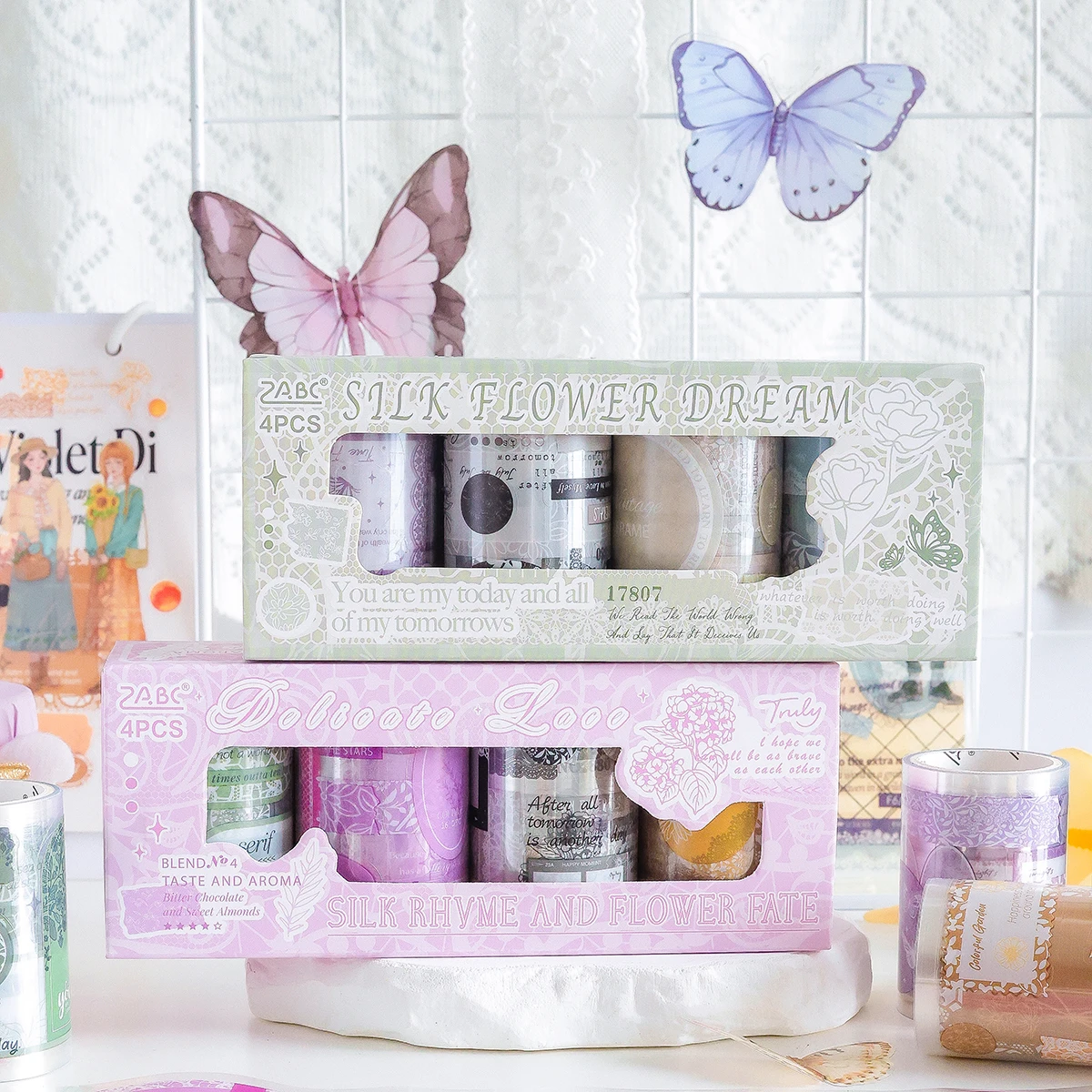 

4 rolls/box, floral pattern tape set, suitable for DIY handbooks, diaries, gift wrapping decoration, fashion decoration supplies