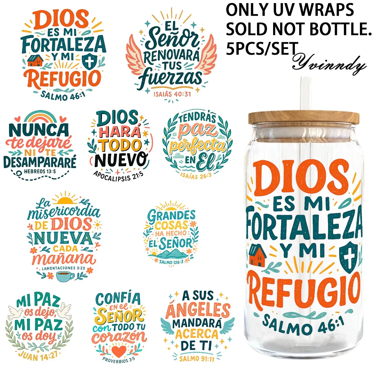 5 Stück/Set Inspirierende Spanische 16OZ Glasgläser UV DTF Hochhaftend Geeignet für die Dekoration von Tassen und Flaschen