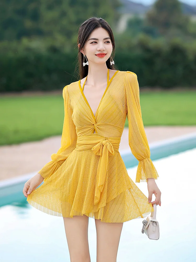

One-Piece Lace Bikini Swimsuit, Sexy V Neck Swimwear, Hot Spring Beach Bathing Skirt , Fashion Tankini, Transparent Swimsuit