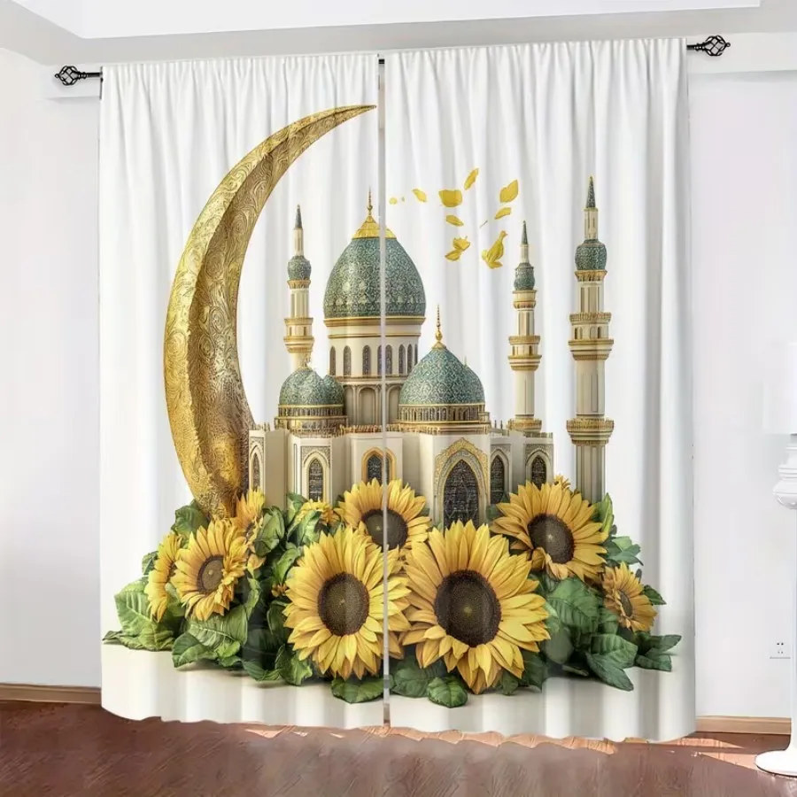 2 PCS Sunflower Ramadan Curtains, Warm Festival Style Window Drapes for Living Room Bedroom Home Decor Polyester Rod Pocket