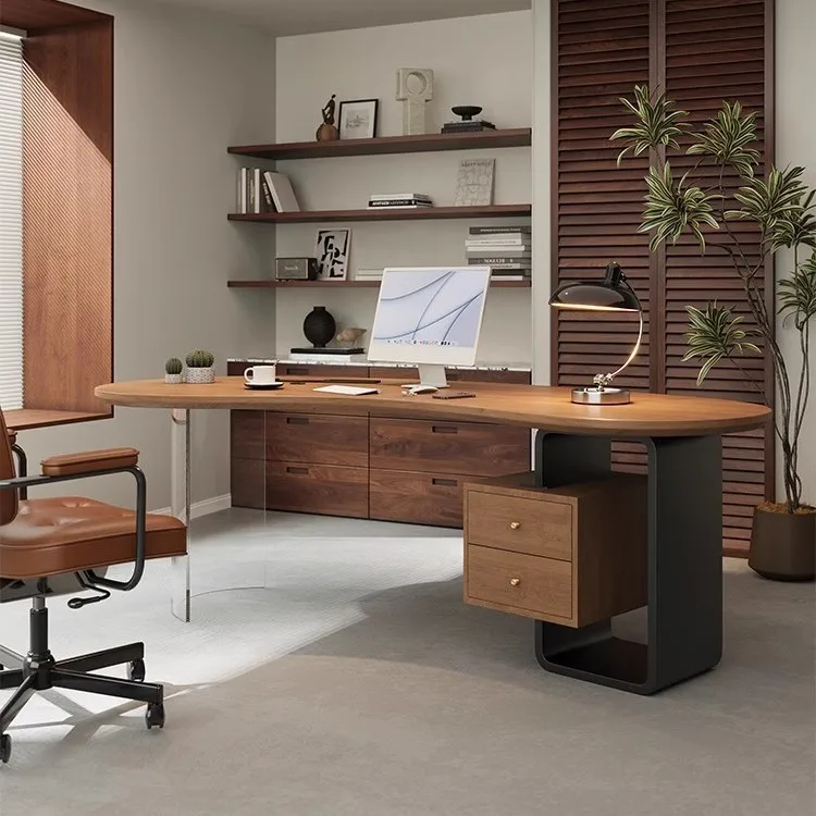 Meja komputer kayu solid, meja kerja melengkung minimalis modern