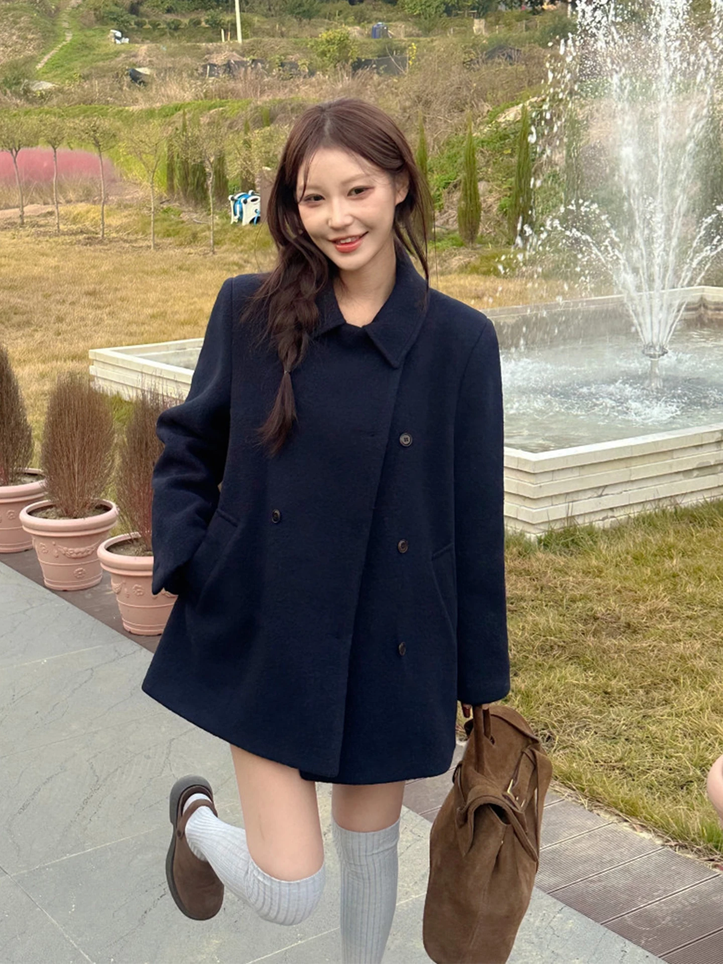 

Women's Double-Breasted Pure Color Warm Woolen Coat Winter New Sle Small Size Fluffy Upper Apparel College Sle Cotton