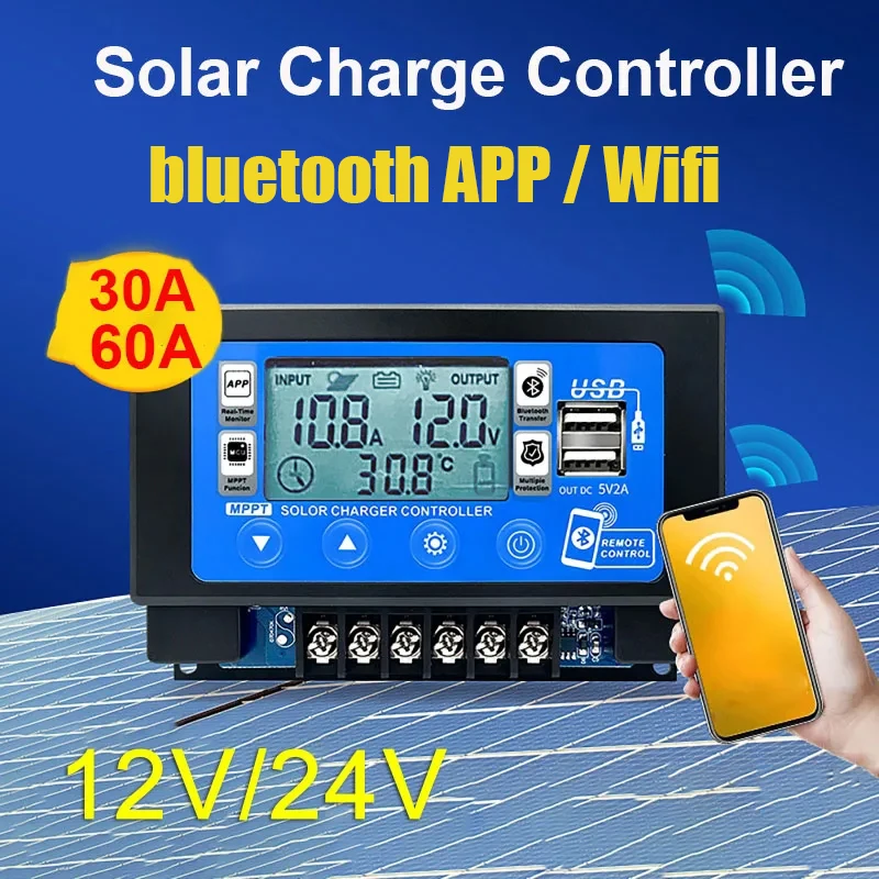 12V 24V 30A 60A Bluetooth Wifi Solar Charge Controller Embedded Snap-on Dual USB LCD Auto Cell MPPT Panel Charger Regulator