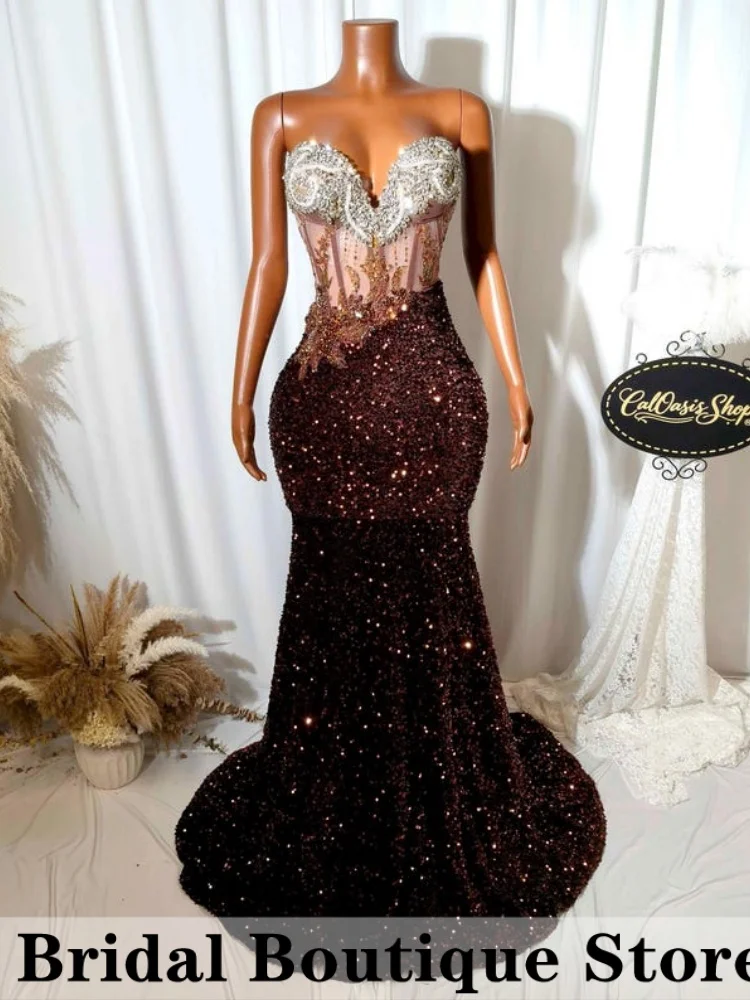 

Sparkly Brown Prom Dresses For Black Girls Beaded Sequins Diamonds Birthday Party Dresses Evening Gown Robe Customized