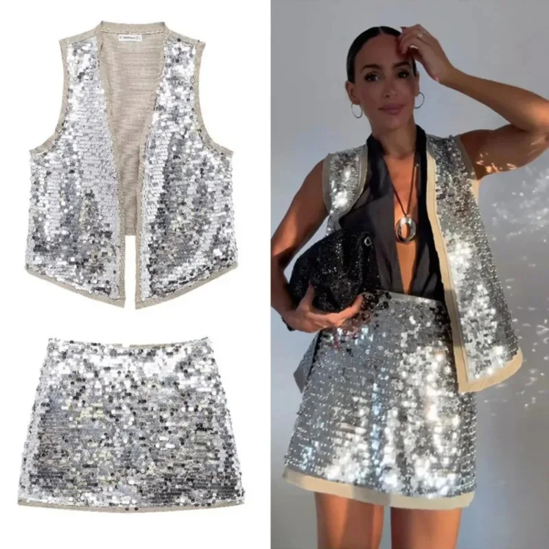 Fashion Sequin Vest Set Women Shinny Loose Sleeveless Top Zipper Short Skirts Two Piece Sets 2024 Summer Elegant Street Outfits