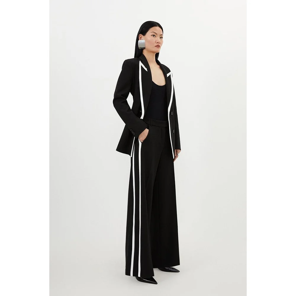 Chic Black Single Breasted White Lines Women Suits 2 Pieces Blazer Trousers Customized Set Formal Evening Casual Party Suits