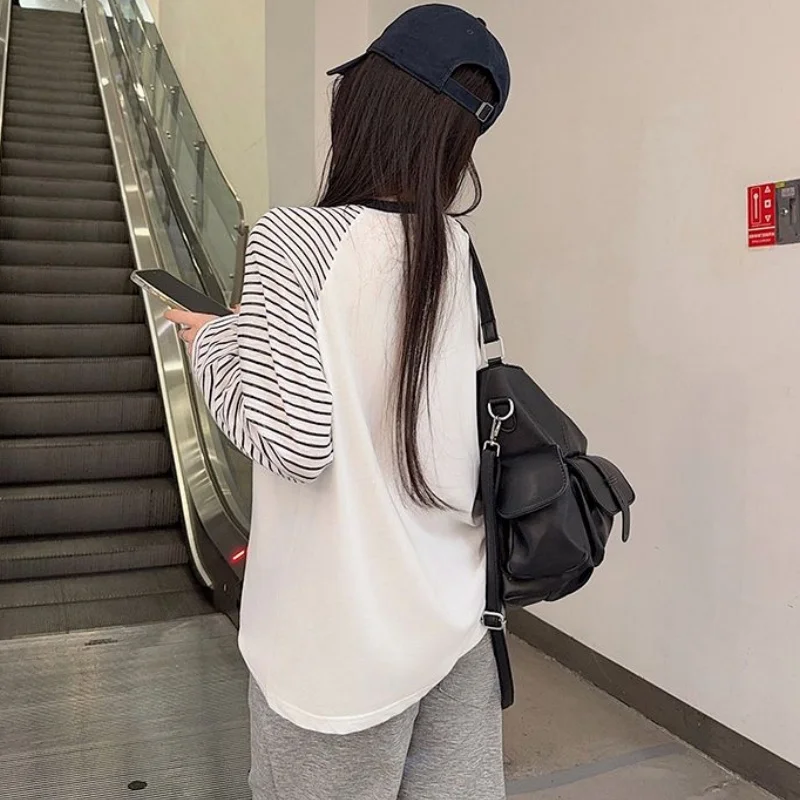 Women New Thin Spring Autumn Striped Raglan Sleeve Top Girls Korean Style Loose Fit Crew Neck Fashion Design Blouse