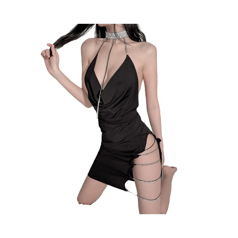 Vestido ajustado sexy con cuello halter: correa plateada sin espalda profunda y abertura alta – Vestido negro adelgazante de talla grande