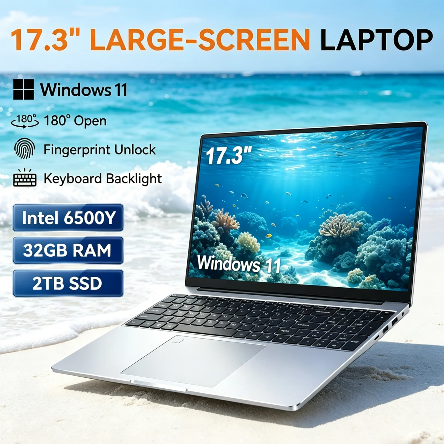Intel 6500Y Ultra Thin 17.3" Large Screen HD Notebook, 32GB, 1TB/2TB, Windows 11, Lightweight Daily Office Laptop Elite