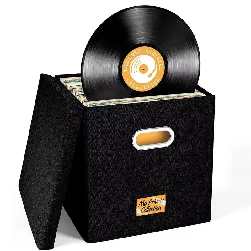 Vinyl Record Storage Box for 50+ 12-Inch Albums Foldable LP Record Crate with Lid