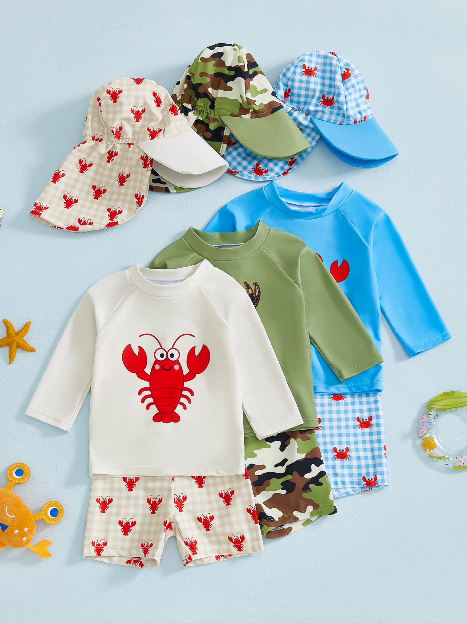 

Baby Boys Rash Guard Swimsuits Long Sleeve Shark Dolphin Embroidery Turtle Print Tops Shorts Hat Swimwear Three Piece Sets