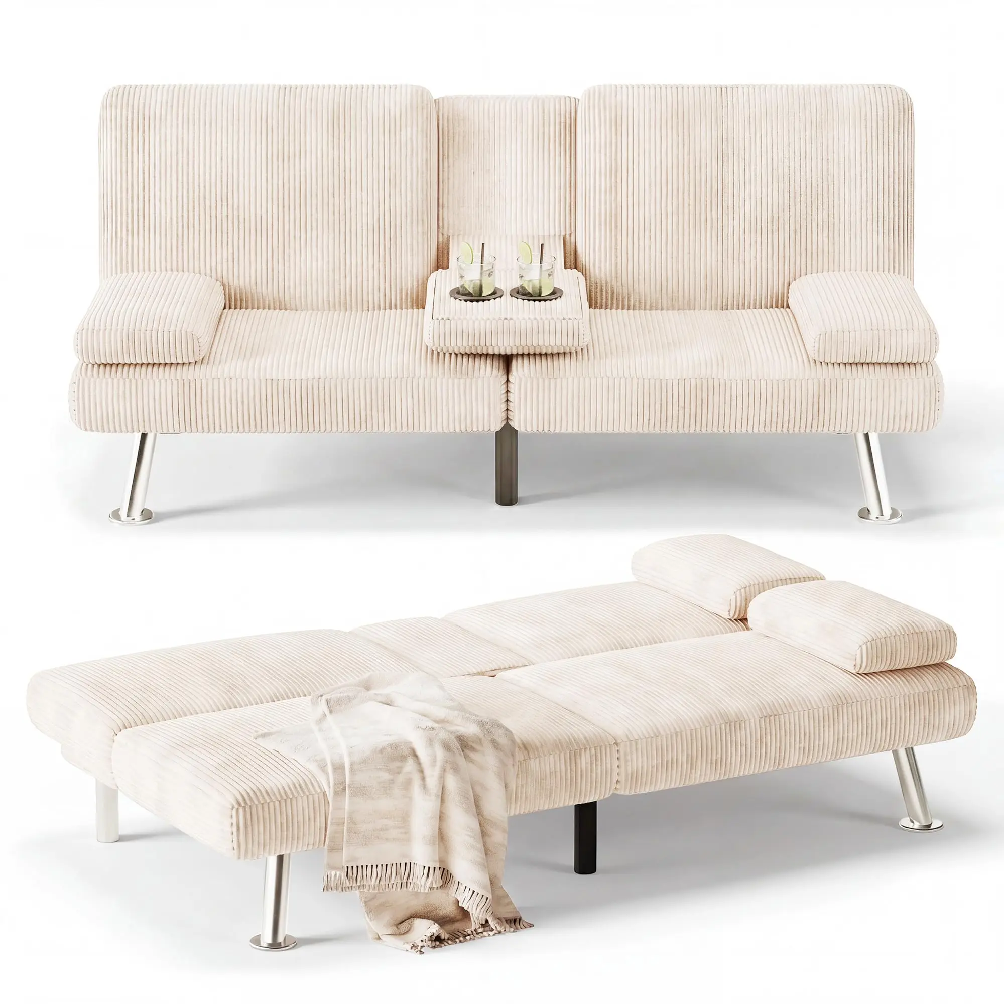 Futon Sofa Bed, Modern Corduroy Convertible Folding Futon Set