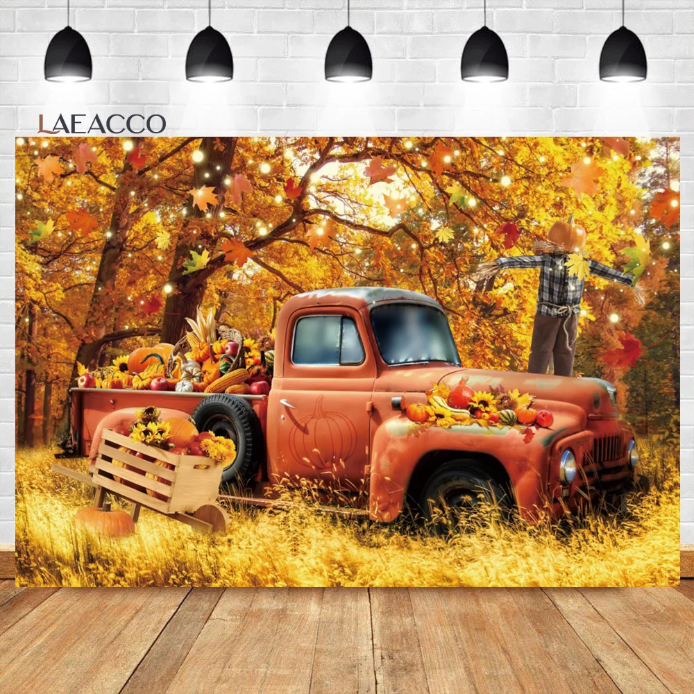 

Laeacco Autumn Forest Scenic Tree Photography Backdrops Car Pumpkin Sumflower Thanksgiving Kids Wedding Portrait Background