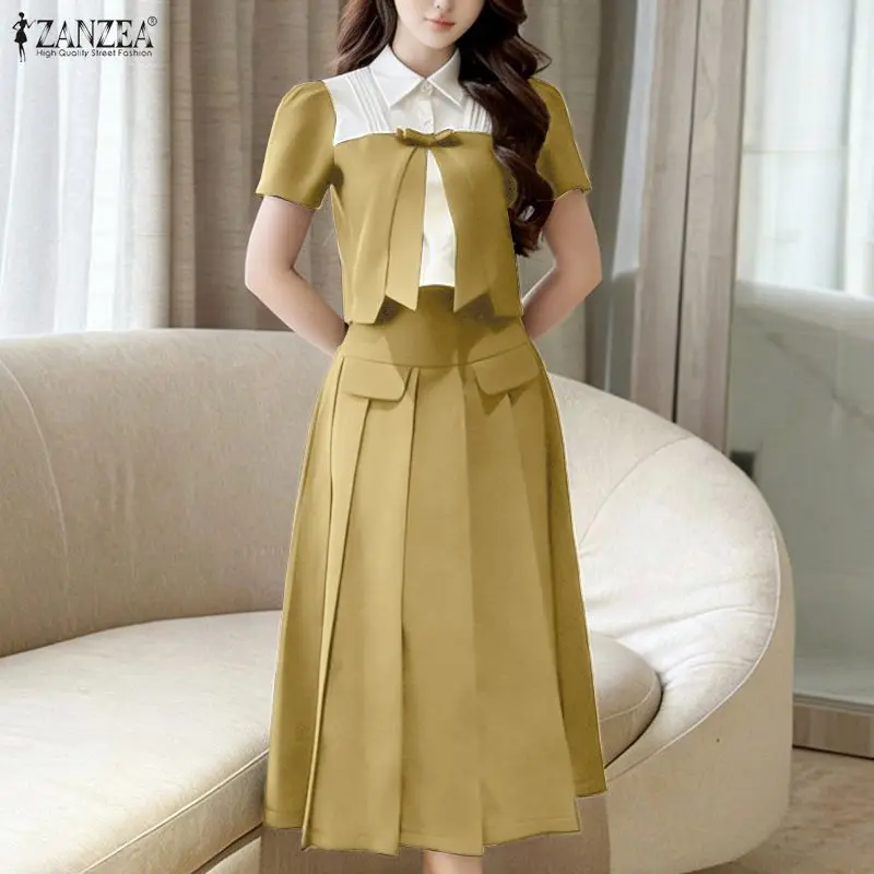 

ZANZEA Elegant OL Dress Sets Women Casual Summer 2pcs 2026 Fashion Short Sleeve Tops and Long Skirts Loose Party Elegant Outfits