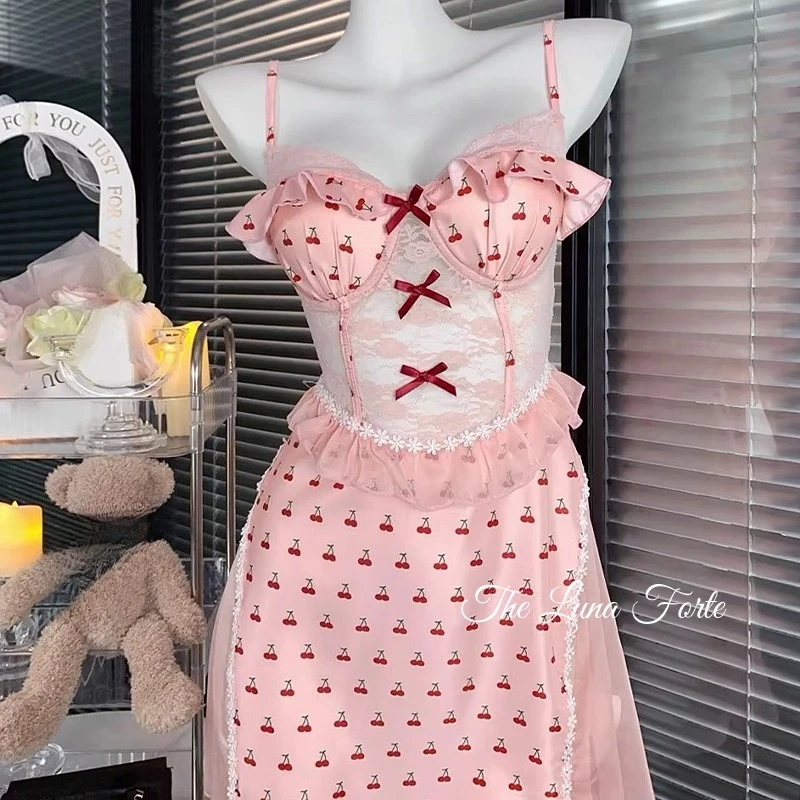 فستان نوم نسائي مفرغ من الدانتيل مطبوع عليه فاكهة بتصميم فرنسي لصيف 2025 رقيق ومثير بصدر صغير بدون ظهر ملابس نوم للفتيات #4