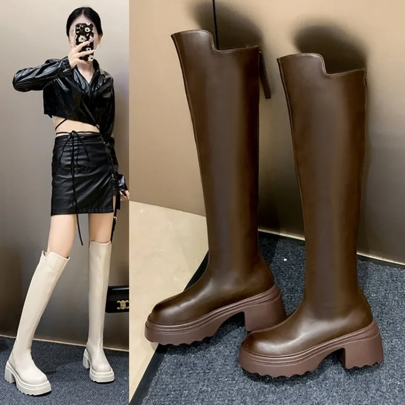 

2025 Fashion Women Boots Soft Leather Knee High Boots Women Zipper Female Square Heel Women Shoes Autumn Winter Knight Boots New