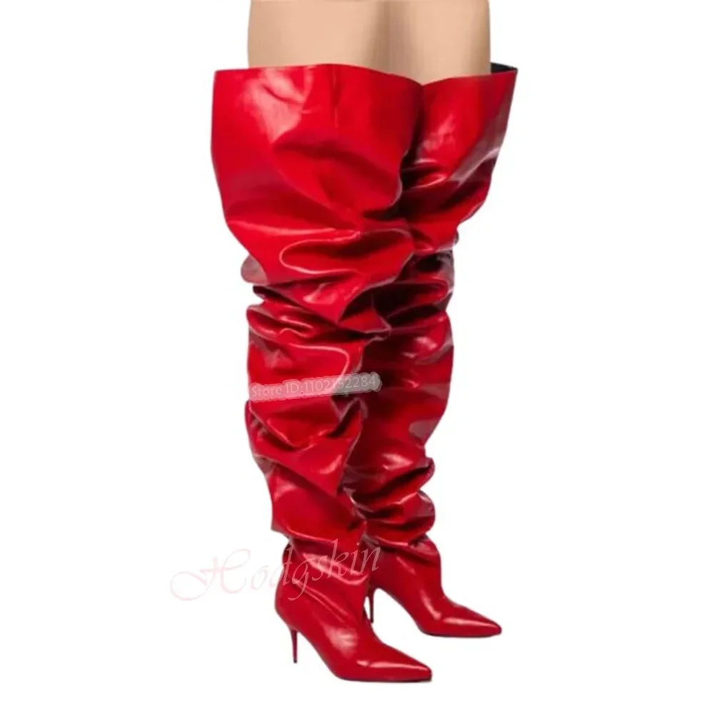 New Big Thigh High Boots Slip On Leather Pointy Toe Stiletto Heels Women Shoes Winter Party Designer Oversize Sexy Long Boots